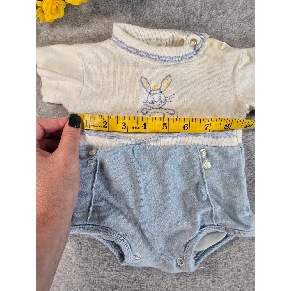 Vintage 60s 70s Baby Knit Romper Blue White Bunny Rabbit Embroidered 0-3m - Picture 7 of 9